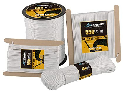 FISHLUND Paracord 550 lb, 7 Strand Paracord Rope 100ft 4mm, Nylon Parachute Cord for Camping, White