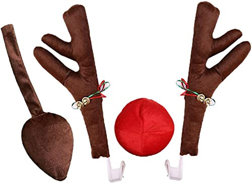 Mcvcoyh 4 Pcs Auto Rentier Geweih Weihnachten Rentier Fahrzeug Weihnachtsdekoration Auto Dekoration Kit mit Schwanz und Glöckchen Rentier für Auto Weihnachten
