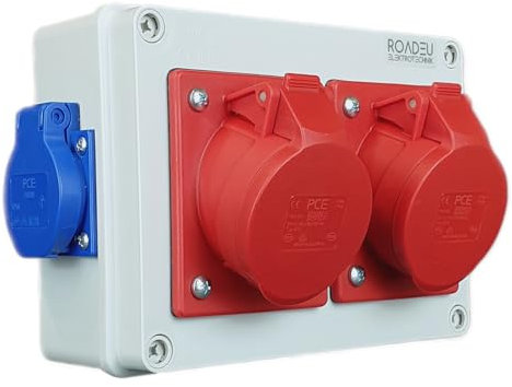 RoadEu - Steckdosenverteiler - 2x CEE Steckdose 16A mit 2x Schuko 230V. Stromverteiler IP44 Für den Innen- und Außeneinsatz Baustromverteiler 16A. Ausschließlich Europäische Komponenten.