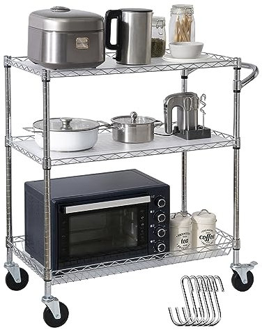 VEVOR Küchenwagen, 3 Ebenen Laborwagen mit 300 kg Kapazität, Chrom Servierwagen Abräumwagen, Transportwagen Rollbarer Aufbewahrungswagen mit 6 Haken, für den Innen- und Außenbereich Silber