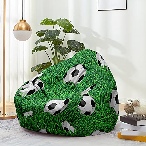 FANSU Bean Bag Cover Without Filling, Gaming Bean Bag Chair for Adult Kids, Premium Highback Beanbag Seat, Stuffed Animal Toy Storage, 3D Football Print Lazy Sofa (80x90cm,Grassland)