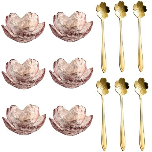 Soulnioi Plato de condimento en forma de flor de cerezo, mini cuencos de postre, cuencos de inmersión, cuenco de vidrio de cristal, plato pequeño de salsa de soja, plato de aperitivos con cucharas de