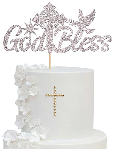 Xsstarmi 1 Pack God Bless Cake Topper Glitter Dove Cross Baptism Cake Picks First Holy Communion Cake Decorations for Religious God Bless This Child Birthday Party Supplies Silver