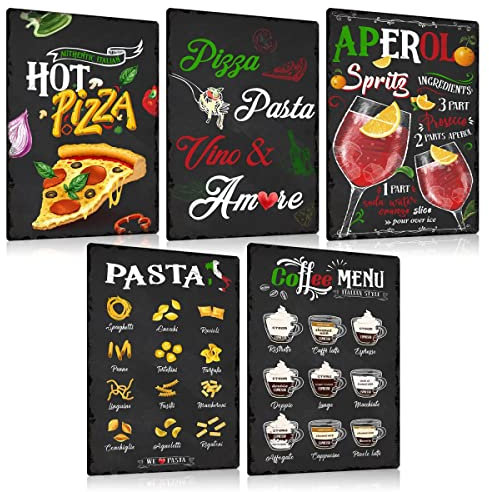 Lote de 5 placas vintage de metal italiano, comida de 20 x 30 cm, diseño italiano de pizza, pancartel, decoración de pared, regalo para cocina, cocina, restaurante