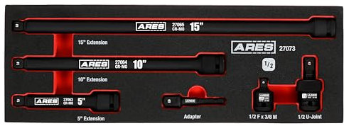 ARES 27073 – 6-Piece 1/2-Inch Drive Impact Socket Accessories Set – Premium Chrome Moly Steel Universal Joint, Adapters, and Wobble Extensions – Laser Engraved Size Markings