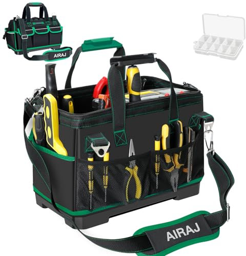 AIRAJ Borsa Porta Attrezzi Strisce Riflettenti 40.6cm,con 15 Tasche e Tracolla Regolabile,Borsa Attrezzi Impermeabile di Grande Capacità con Manico in Plastica,per Riporre Attrezzi e Parti di Ricambio