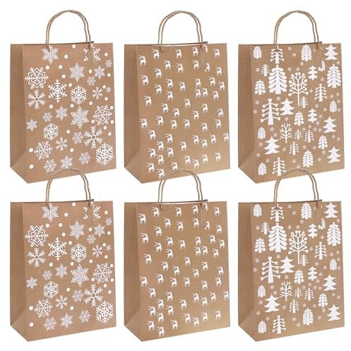 6 Stück Geschenktüten Weihnachten Groß, Weihnachtstüten 42x31x10cm, Papiertüten Weihnachten Geschenktaschen kraft Papier Tüten Mit Henkel Geschenkanhänger, Zum Befüllen Geschenk Süßigkeiten