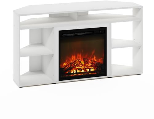 Furinno Jensen Corner Stand with Fireplace for TV up to 55 Inches, 55-Inch, Solid White