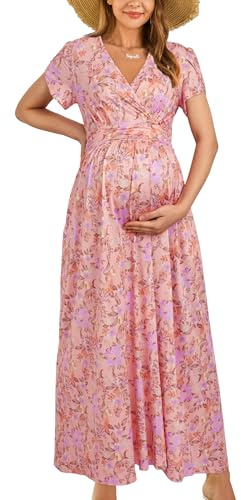 OUGES Maternity Dress Maxi Summer Short Sleeve Wrap V Neck Pregnancy Dresses for Photoshoot