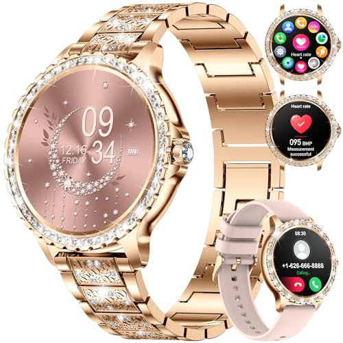 Women's Smart Watch Bluetooth Phone Calls for Android iOS 100+ Sport Fitness Tracker 1.32 HD Female Smartwatch Heart Rate Sleep Monitor Diamond Ladies Smartwatch Rose Gold Steel,2 Watch Straps