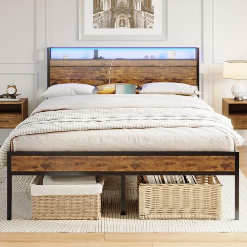 AOGLLATI Bett 140x190 mit Steckdose Metallbett 140x190 mit 3 USB-Anschlüssen und LED Beleuchtung Bettgestell aus Metall mit Kopfteil Doppelbett mit Stauraum Jugendbett Bettrahmen mit Lattenrost