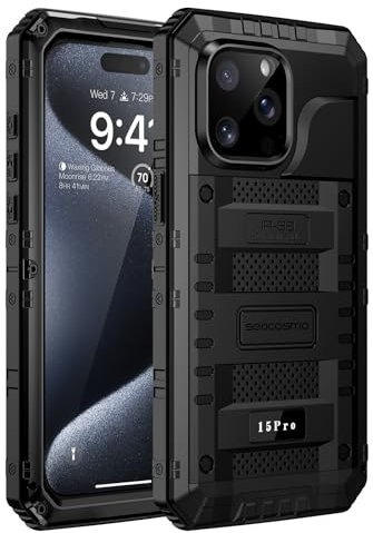 seacosmo iPhone 15 Pro Hülle Wasserdicht, Militärstandard Schutzhülle mit Eingebautem Displayschutz Stoßfest Metall Handyhülle für iPhone 15 Pro, Schwarz