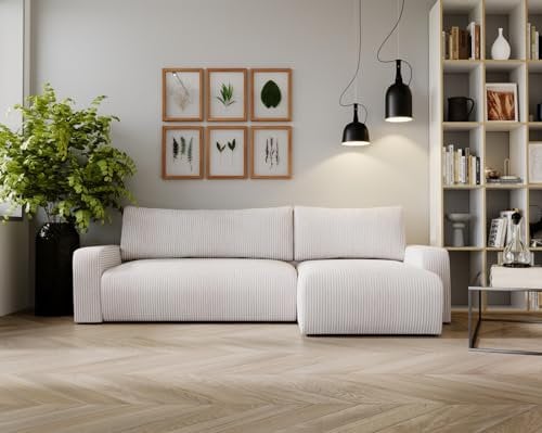 Kaiser Möbel, Ecksofa mit schlaffunktion, mit Bettkasten, Schlafsofa Argon, Designer Sofa, Modern Design Couch, Polsterecke, Freistehend, Zoom Stoff- Dicker Cord Ecru Ottomane Rechts