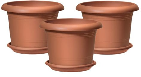 Scheurich 3er Set Blumentöpfe Oliver mit Untersetzern, Farbe: Terracotta, 40,4 cm Durchmesser, 28,1 cm hoch, 19,3 l Vol.