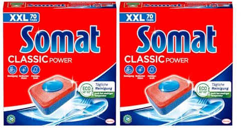 Somat Classic Power Spülmaschinen Tabs, 140 Tabs (2x 70 Tabs), Geschirrspül Tabs mit Fettlösekraft für kraftvolle Reinigung, Spültabs für strahlend sauberes Geschirr sogar bei niedrigen Temperaturen