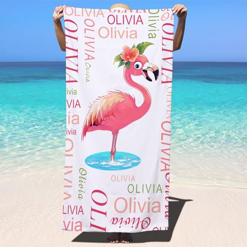 Jodimitty Personalisiertes Strandtuch Flamingo für Erwachsene, Mikrofaser/Polyester Baumwolle, Wasserabsorbierend Schnell Trockenes Badetuch Saunatuch für Schwimmbad Party, 150cm/160cm/180cm