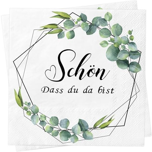 60Stück Servietten Schön Dass Du Da Bist Eukalyptus, Wentsent Party Tischdeko für Hochzeit Taufe Kommunion Konfirmation Baby Shower Babyparty, Eukalyptus Grün Vintage Papierserviette Einweg Napkins