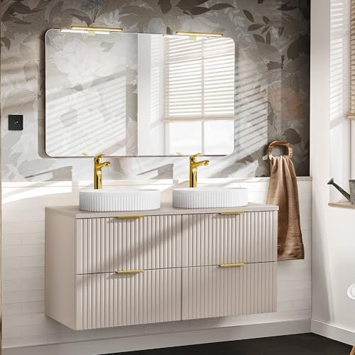 Lomadox Badezimmer Waschplatz Set mit 120cm Waschtisch, 2-teilig, in Kaschmir, mit Keramik-Waschbecken, Spiegel, LED-Beleuchtung