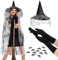 SATINIOR Halloween Hexen Kostüme für Frauen Spinnen Kostüm Enthalten Spinnennetz Umhang für Damen Schwarze Handschuhe Spitzen Hexenhut und 20 Kleine Künstliche Spinnen (Silber, Klassisch)