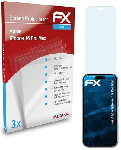 atFoliX Schutzfolie kompatibel mit Apple iPhone 16 Pro Max Folie, ultraklare FX Displayschutzfolie (3X)