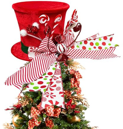 lyanny Christmas Tree Topper Hat with Bow Top, Foldable Top Hat Tree Ornaments in Red for Christmas