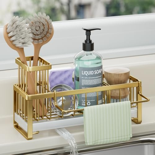 HapiRm Kitchen Sink Caddy - Self-draining Sponge Holder with Brush and Dishcloth Holder, Stainless Steel Sink Tidy Organiser for Countertop Kitchen Storage & Organisation