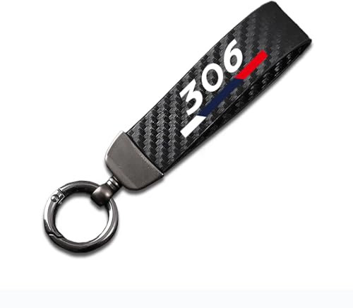 Générique Porte-CléS De Voiture pour Peugeot 306, Fibre De Carbone Cuir Anneau en D Pivotant À 360° Auto Porte-clés,Black-12.5CM