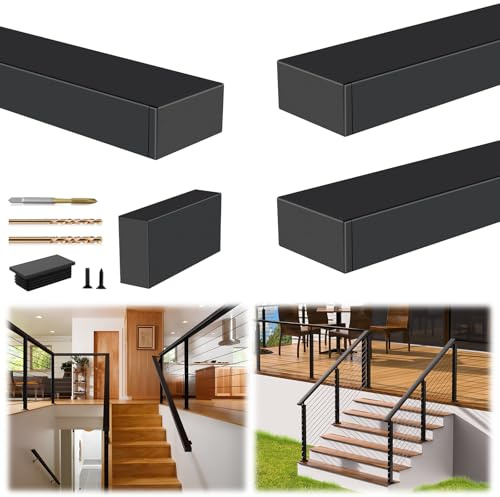 Zylorix Paquete de 3 pasamanos de acero inoxidable T304 negro de 8 pies con conectores de extensión, pasamanos plano cortable rectangular para barandilla de cable, barandilla de escalera interior y