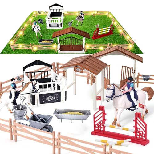 HuaMuDM Pferdestall Spielzeug Pferde, Pferdeclub Spielzeug, Pferdekoppel Pferdestall, Pferdestall Spielzeug Set mit LED Licht, Pferdestall Spielzeug mit Pferde Figuren, Horse Spielset Pferdekoppel