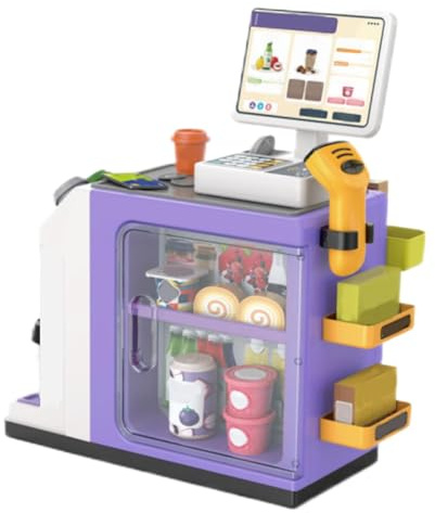 Kinder spielen gegen die Theke, Einkaufsspielzeug, realistisches Spielzeug zum Kaffeezubereiten, Cartoon-Spiele zur Förderung sozialer Fähigkeiten