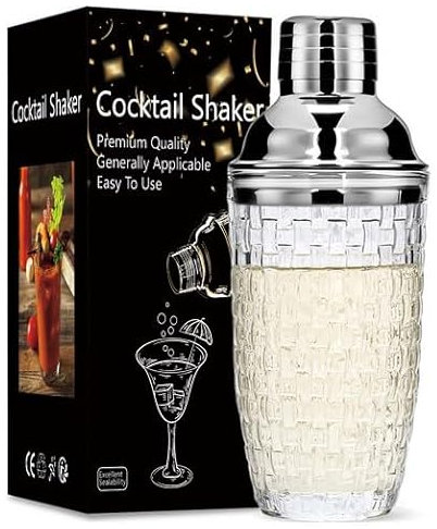 Dzmuero Shaker cocktail, Shaker inox, Shakers à cocktails, Mixeur en verre, couvercle en acier inoxydable, avec couche filtrante, scellé et durable, pour la maison et le bar (Argent 1)