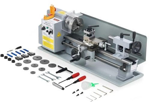CREWORKS 550W Tornio per Metallo con Display LCD 180 x 350 MM Tornio Metallo a Velocità Variabile 0-2500 Giri/min con Mandrino a 3 Griffe, Tornio per Metalli per Filettatura, Tornitura, Foratura