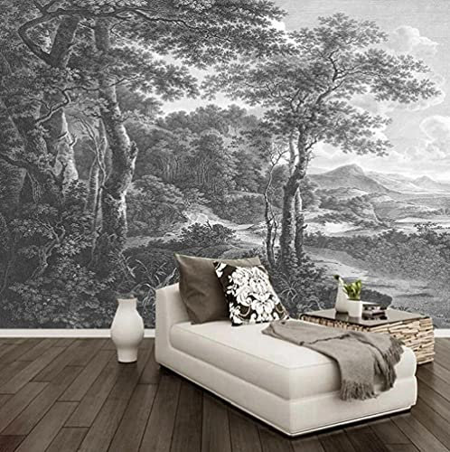 Papier peint peint à la main noir et blanc arbres de la forêt stickers muraux grand autocollant mural pour salon, chambre à coucher, décoration d'intérieur, 400 x 280 cm