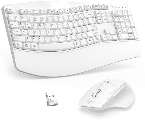 Wireless Keyboard and Mouse Combo, 2.4G Full Size Wave Keys Ergonomic Keyboard with Wrist Rest and 3-Level DPI Adjustable Wireless Ergonomic Mouse for Windows, Mac OS Desktop/Laptop/PC(White)