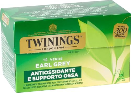 Twinings, Tè Verde Earl Grey, Antiossidante, 20 Filtri | Gusto Bilanciato Aromatizzato al Bergamotto, Fonte Naturale di Manganese, Antiossidante e Supporto Ossa
