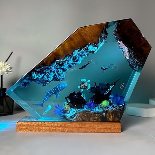 Drawelry 3D Ozean Nachtlicht Harz Ornamente mit Holz Sockel Fernbedienung Marine Tauchen Statue Dekoration Mehrfarbige Variable LED Nacht Lichter für Wohnzimmer Schlafzimmer Kinderzimmer Dekor (A5)