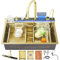 Ribanedy 85 cm Fregadero de cocina inteligente de acero inoxidable 304 Dorado, fregadero en cascada moderno multifuncional con grifo integrado con pantalla digital, lavavasos y juego de accesorios