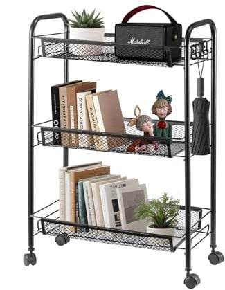 3 Tier Trolley on Wheels Mesh Storage Trolley Multi Function Easy to Assemble Storage Cart for Bedroom Kitchen Bathroom Living Room Storage Cart Black