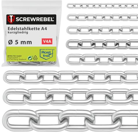 SCREW REBEL 5,0 mm starke Edelstahlkette A4 rostfrei, Absperrkette 1 m lang, kalibriert, Stahlkette kurzgliedrig DIN 766, Metallkette, Rundstahlkette V4A - Paket mit 5 x 1 Meter Ketten