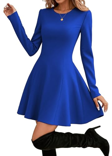 HOTOUCH Womens Fall Dress Long Sleeve Flare A-Line Cocktail Dress Solid Plaid Print Casual Formal Mini Dresses for Party