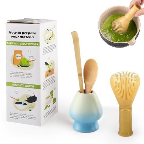 4 Piece Matcha Japanese Ceremony Set, Resin Matcha Whisk, Wood Spoon, Bamboo Scoop, Whisk Stand, Perfect Set for Preparing, Yellow - Gradient Blue