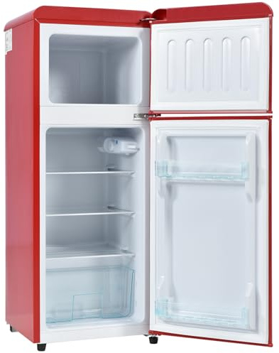 Refrigerador de 92 L con congelador, doble puerta, diseño vintage, para bebidas, termostato ajustable de 7 configuraciones y descongelación manual, ideal para dormitorios, oficinas,Red