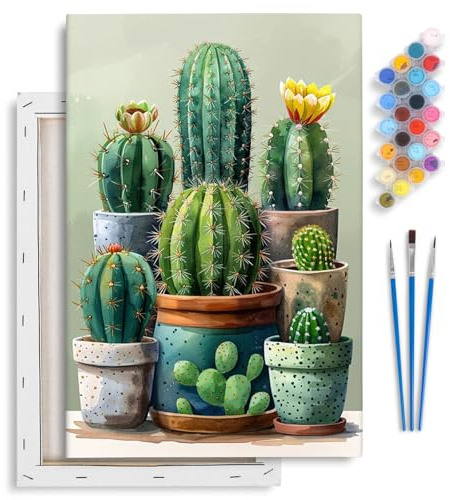 Fountor Cactus Paint by Numbers for Adults with Frame Beginner 20x30 CM | Framed Canvas, Green Plants DIY Acrylic Painting by Numbers for Adults, Stress Relief Craft Kit, Home Wall Decor Gift