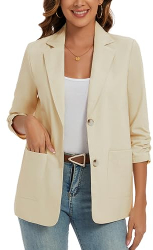 Cotton Linen Blazer Jacket for Women 3/4 Ruched Sleeve Summer Daily Blazers | Cotton Linen Blazer Jackets for Women 3/4 Ruched Sleeve Blazers Summer 2 Button with Pocket Outerwear Notched Lapel