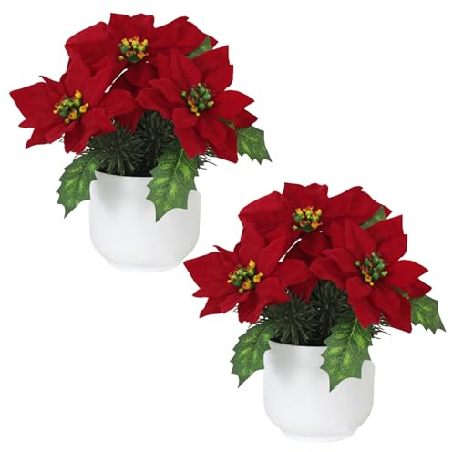 Fictory Confezione da 2 piante di stella di Natale in flanella, fiori di Natale artificiali a 3 teste in rosso e bianco con vasi bianchi per la decorazione di casa e ufficio