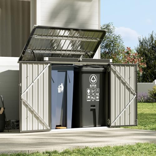 Aoxun Gerätehaus Metall 143x117x90, Wetterfester Gartenschrank mit Kettenzug-Deckel & Gasdruckfeder, zu öffnende Front- & Top-Türen, Schwarz