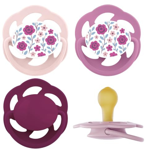 nip Cherry Schnuller 6+ Monate 4er Pack Kirschform Latex stillfreundlich | kiefergerecht zahnfreundlich hautfreundlich natürlicher Rundsauger Naturkautschuk Made in Germany Größe 2 rosa/lila