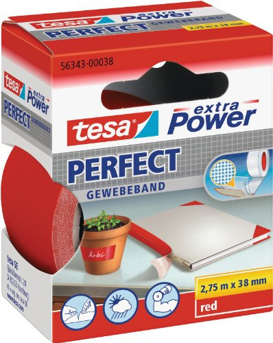 tesa extra Power Perfect Gewebeband - Gewebeverstärktes Ductape zum Basteln, Reparieren, Befestigen, Verstärken und Beschriften - Rot - 2,75 m x 38 mm