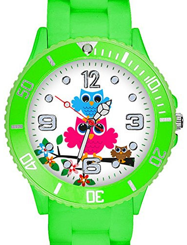 Taffstyle Kinder Armbanduhr Silikon Sportuhr Bunte Sport Uhr mit Blumen Eulen Familie Motiv Analog Quartz Small 39 mm Grün
