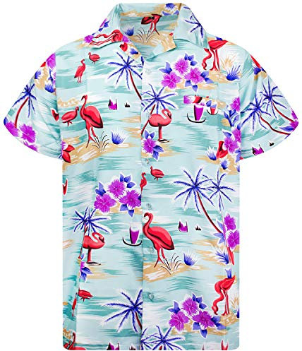 King Kameha Funky Hawaii-Hemd, Herren, Kurzarm, Flamingos, Mint-Grün, XL